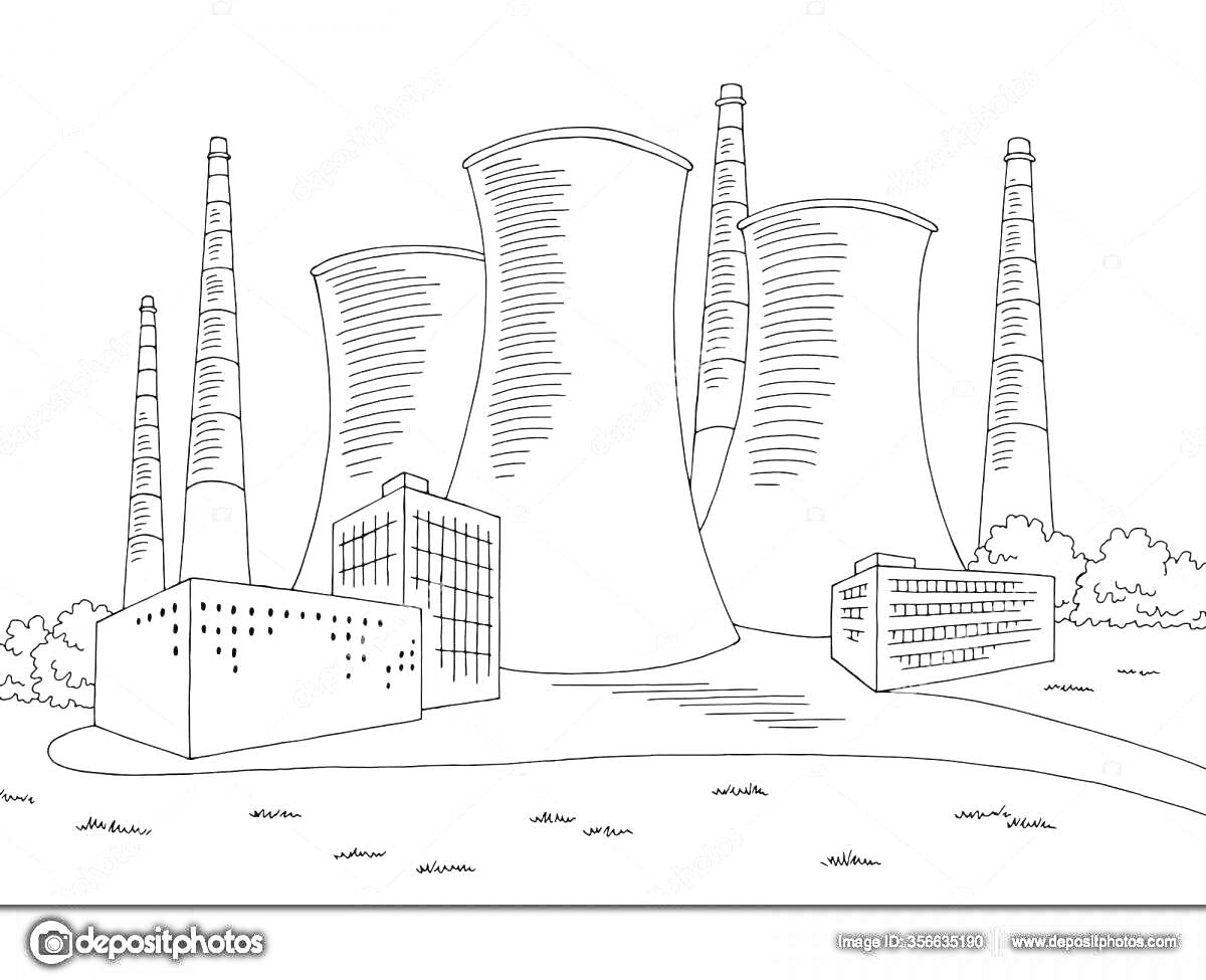 Раскраска Атомная электростанция с четырьмя градирнями, тремя промышленными зданиями и кустарниками на переднем плане