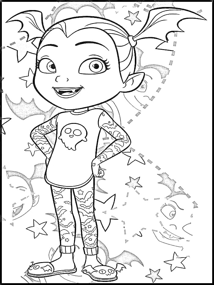 Раскраска Девочка с волосами в хвостиках в костюме с рисунком черепа, окруженная звездами и силуэтами лиц с ушами и крыльями.
