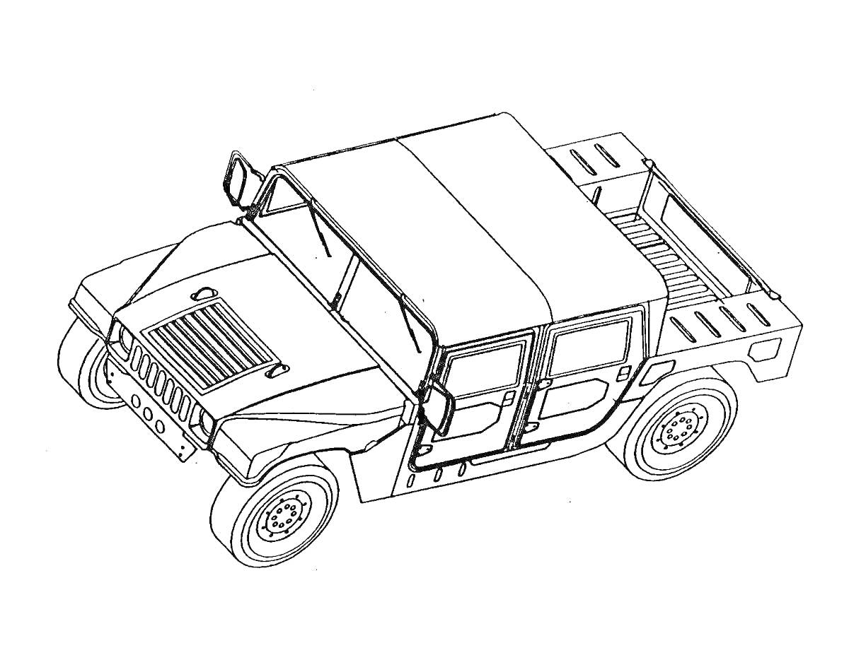 Раскраска Хаммер машина с четырьмя дверьми, капотом с решеткой, боковыми зеркалами и колесами