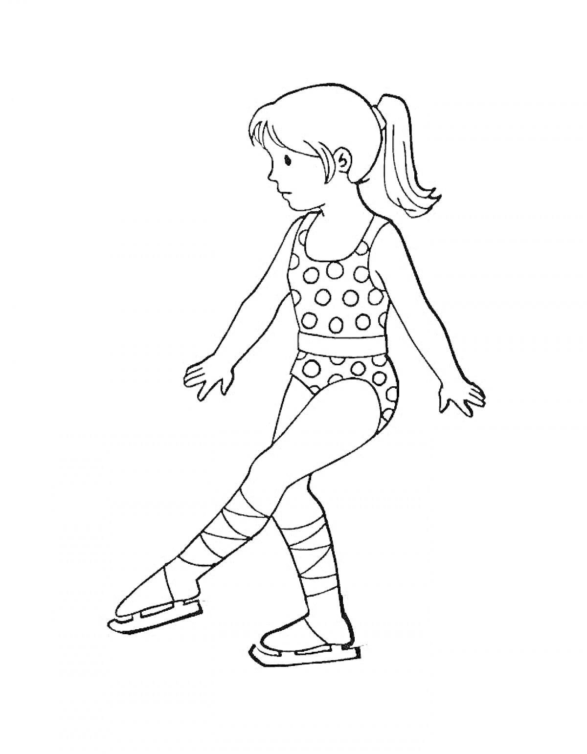 Раскраска Девочка на коньках в купальнике с горошком и лентами на ногах