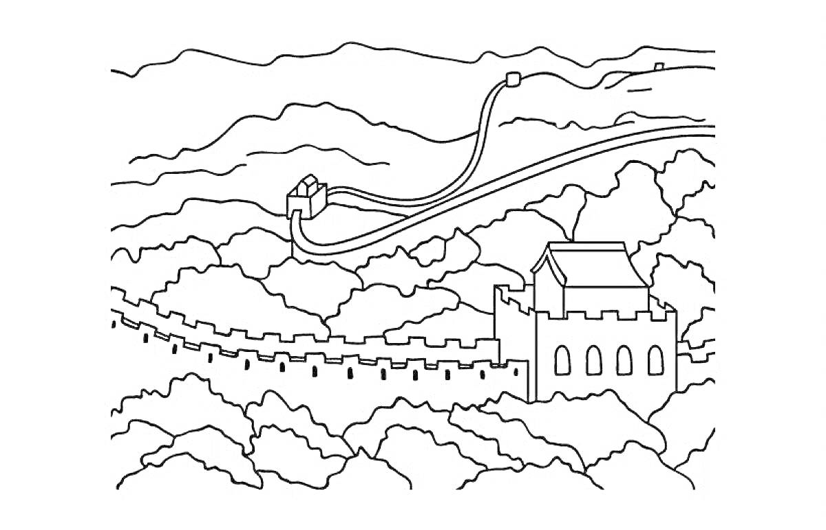 РаскраскаВеликая Китайская стена на фоне гор и деревьев