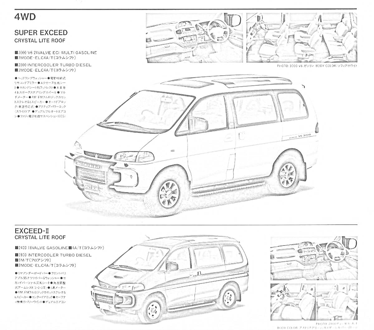 Раскраска Mitsubishi Delica 4WD Super Exceed и Exceed-I Crystal Lite Roof, вид снаружи и изображения интерьера.