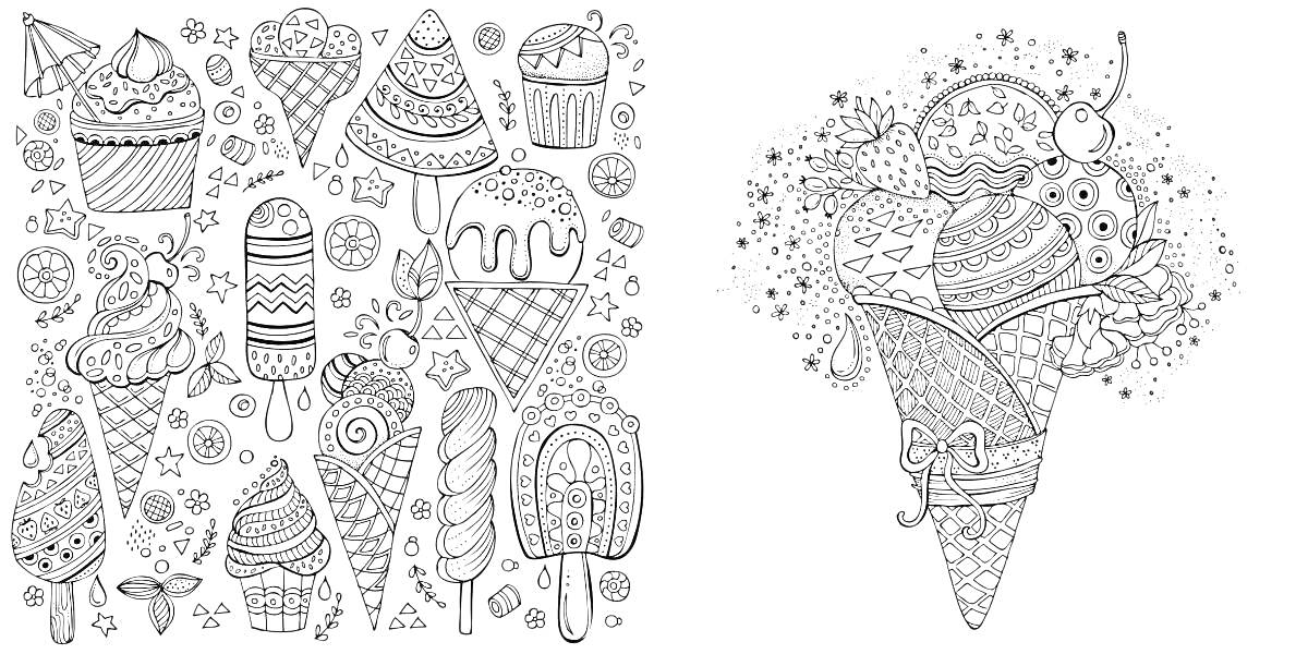 Раскраска Мороженое и десерты - различные виды мороженого (рожок, эскимо, леденцы) и сладкие десерты, украшенные узорами