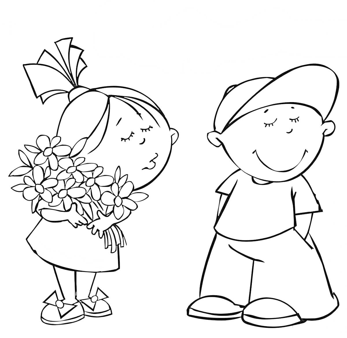 Мальчик и девочка на День защиты детей, девочка с букетом цветов, мальчик в кепке