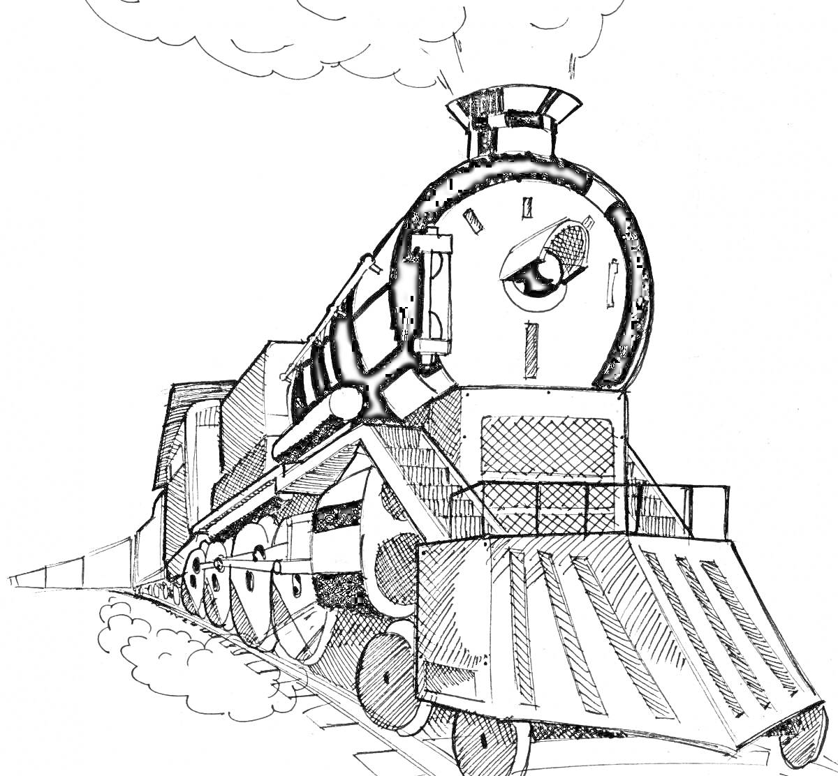 Раскраска Поезд-пожиратель с грозной мордой, дымком и крупными колесами на рельсовых путях.