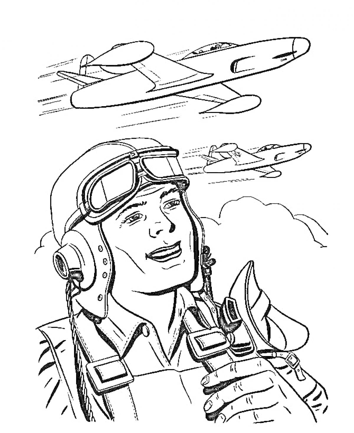 Раскраска Летчик-истребитель с самолетами в небе на День Победы