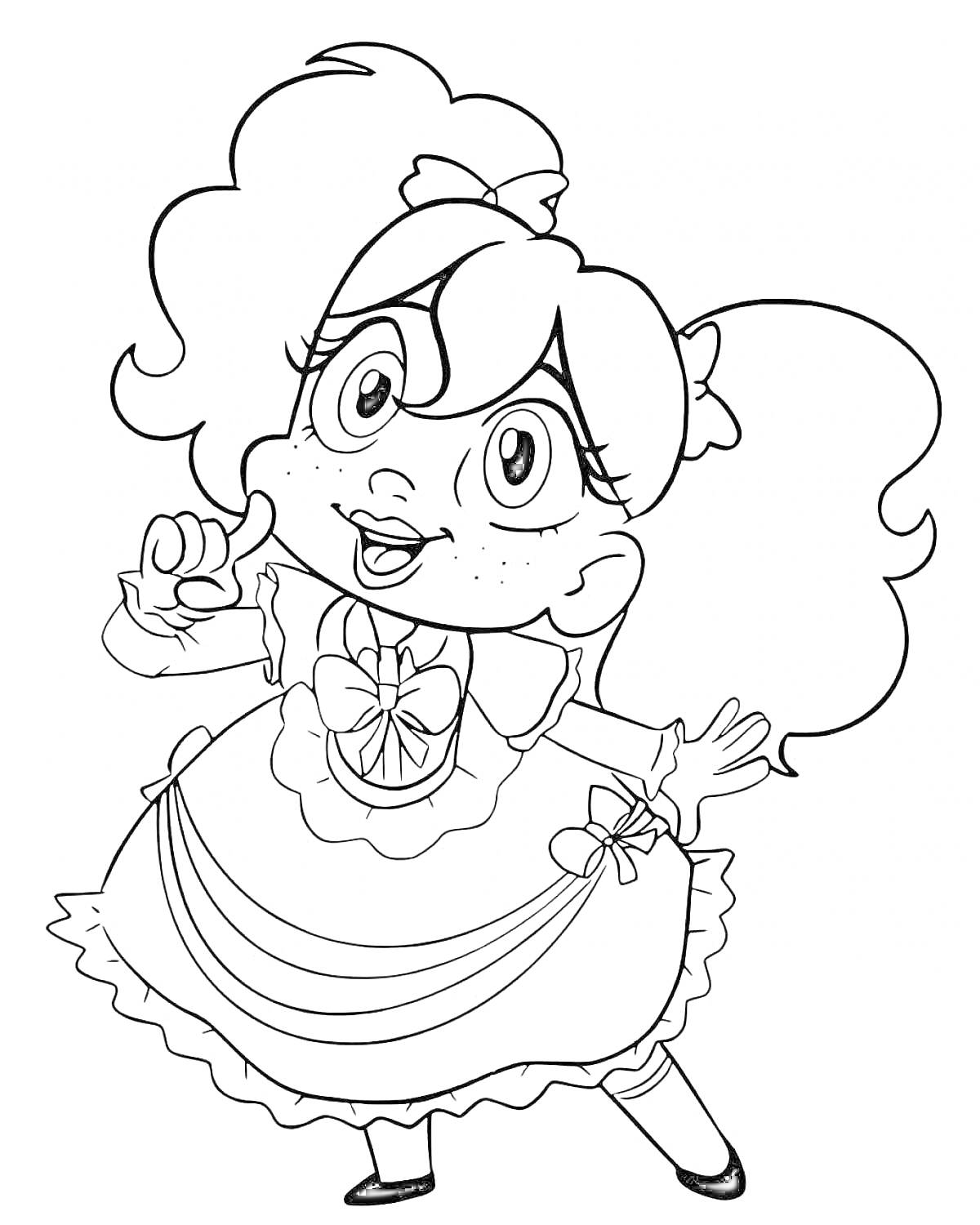 Раскраска Девочка с большими глазами и завитыми волосами в бантах, одетая в платье с рюшами и крупным бантом на талии