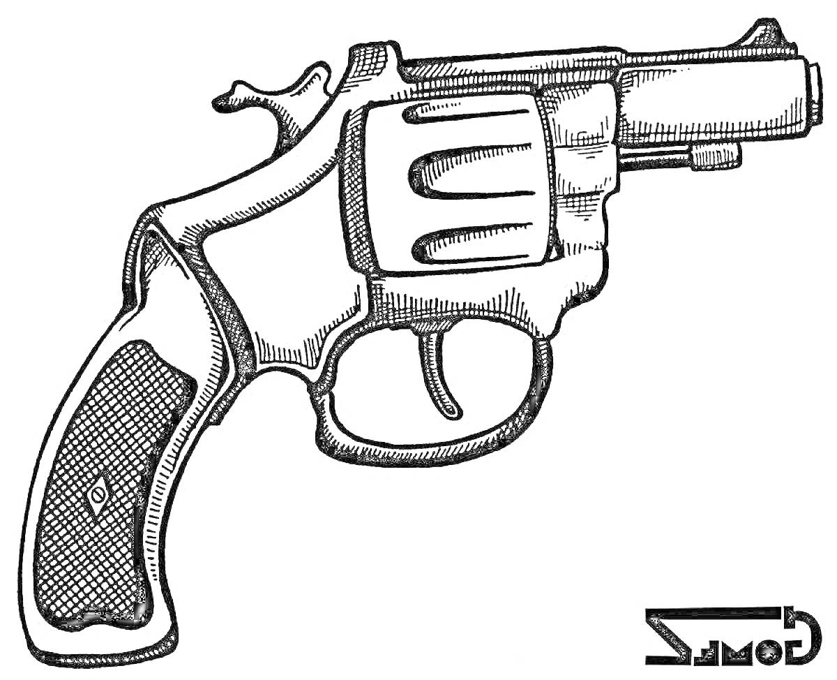 На раскраске изображено: Револьвер, Пистолет, Оружие, Для детей