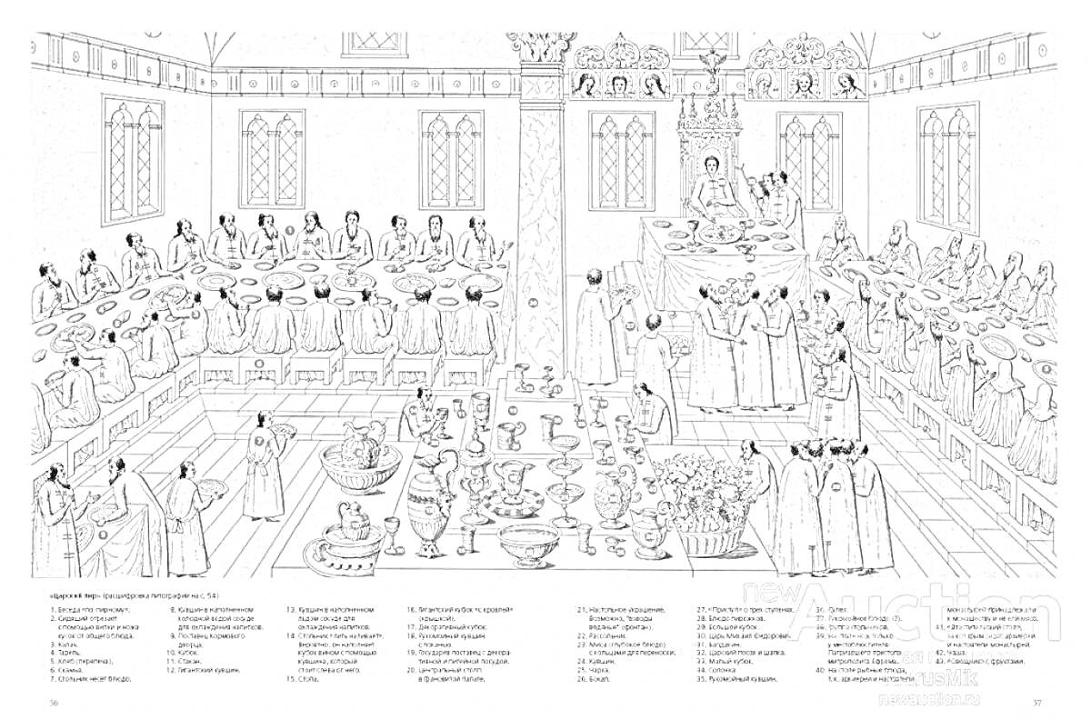 На раскраске изображено: Пир, Теремные палаты, Царь, Гости, Праздничный стол, Традиционные наряды, Музыка