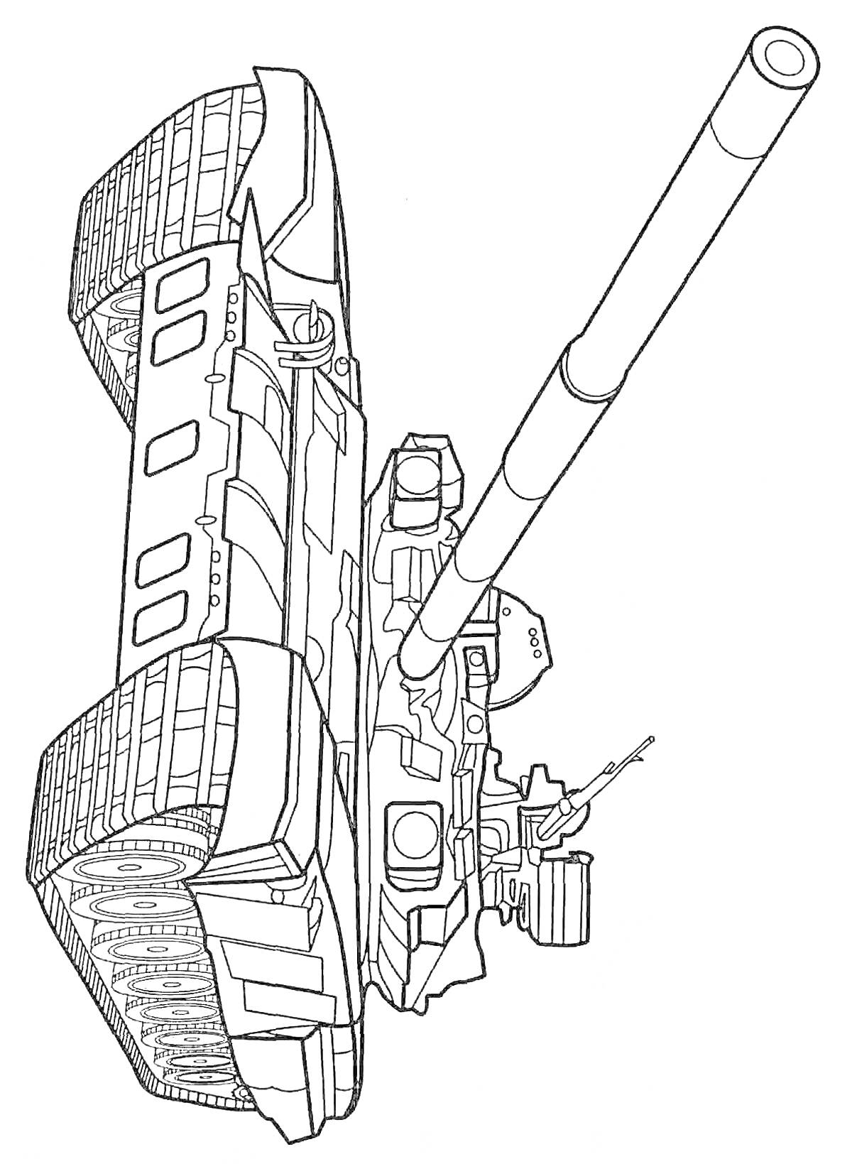 Раскраска Раскраска Танк Т-90 с длинным орудием и детализированными гусеничными траками