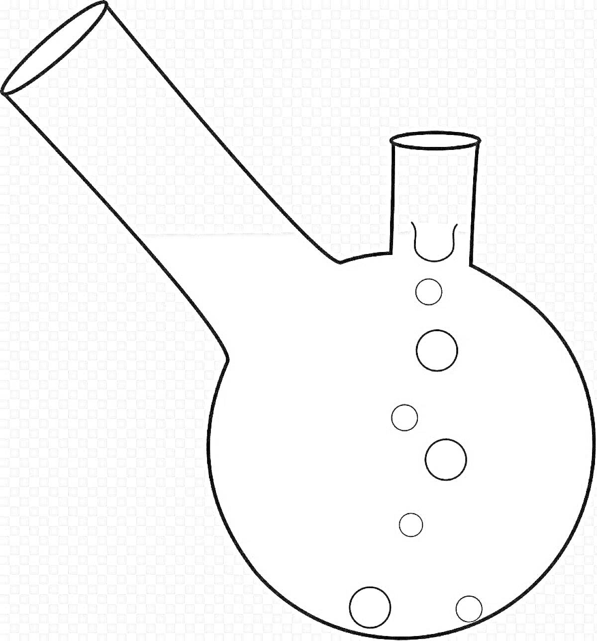 Раскраска Колба с наклонным горлом, заполненная жидкостью с пузырьками.