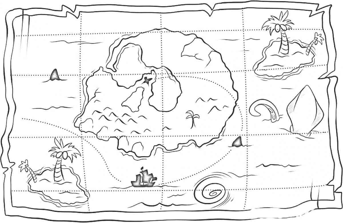 Раскраска Карта Сокровищ с островами, черепом, пальмами, акулой, кораблем и X-меткой