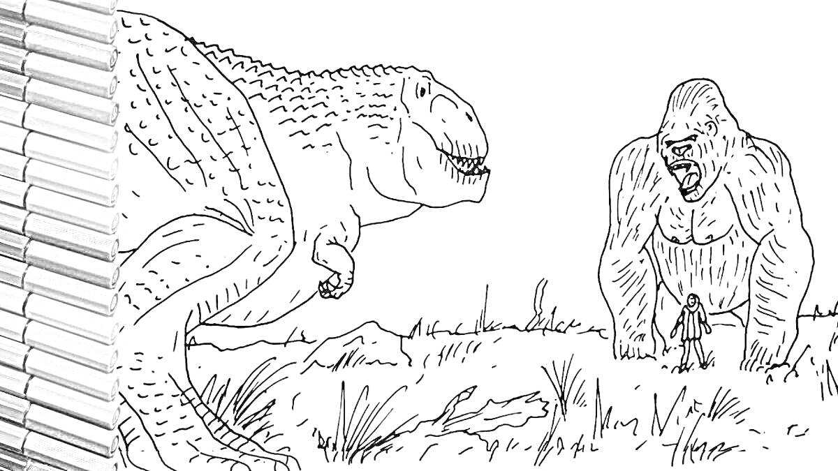 Раскраска Динозавр, Кинг-Конг и человек в лесу
