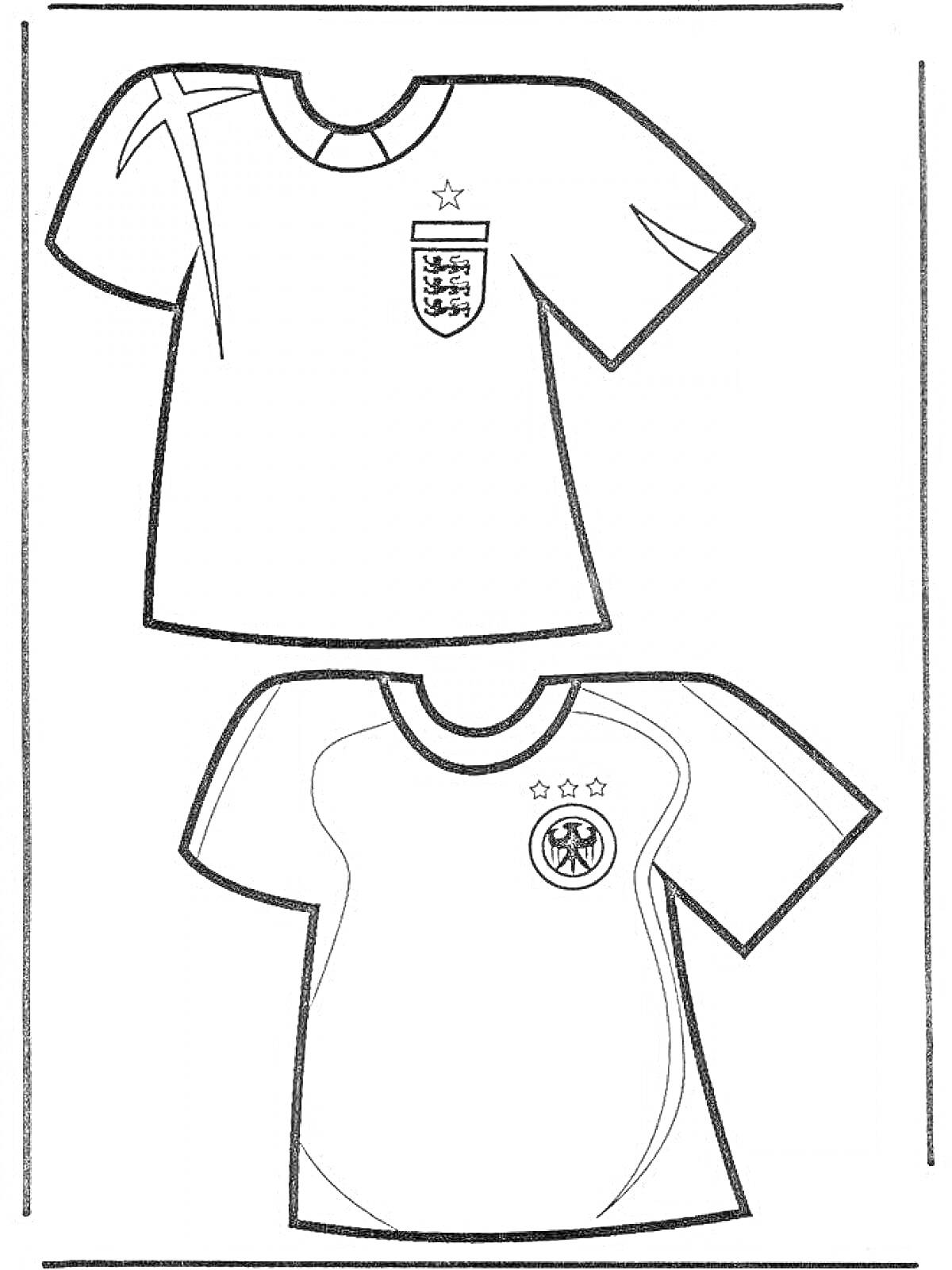 Раскраска Футбольная форма двух команд - №1 со звездой, узором на плече и гербом с изображением львов, команда №2 - с тремя звездами и гербом с орлом