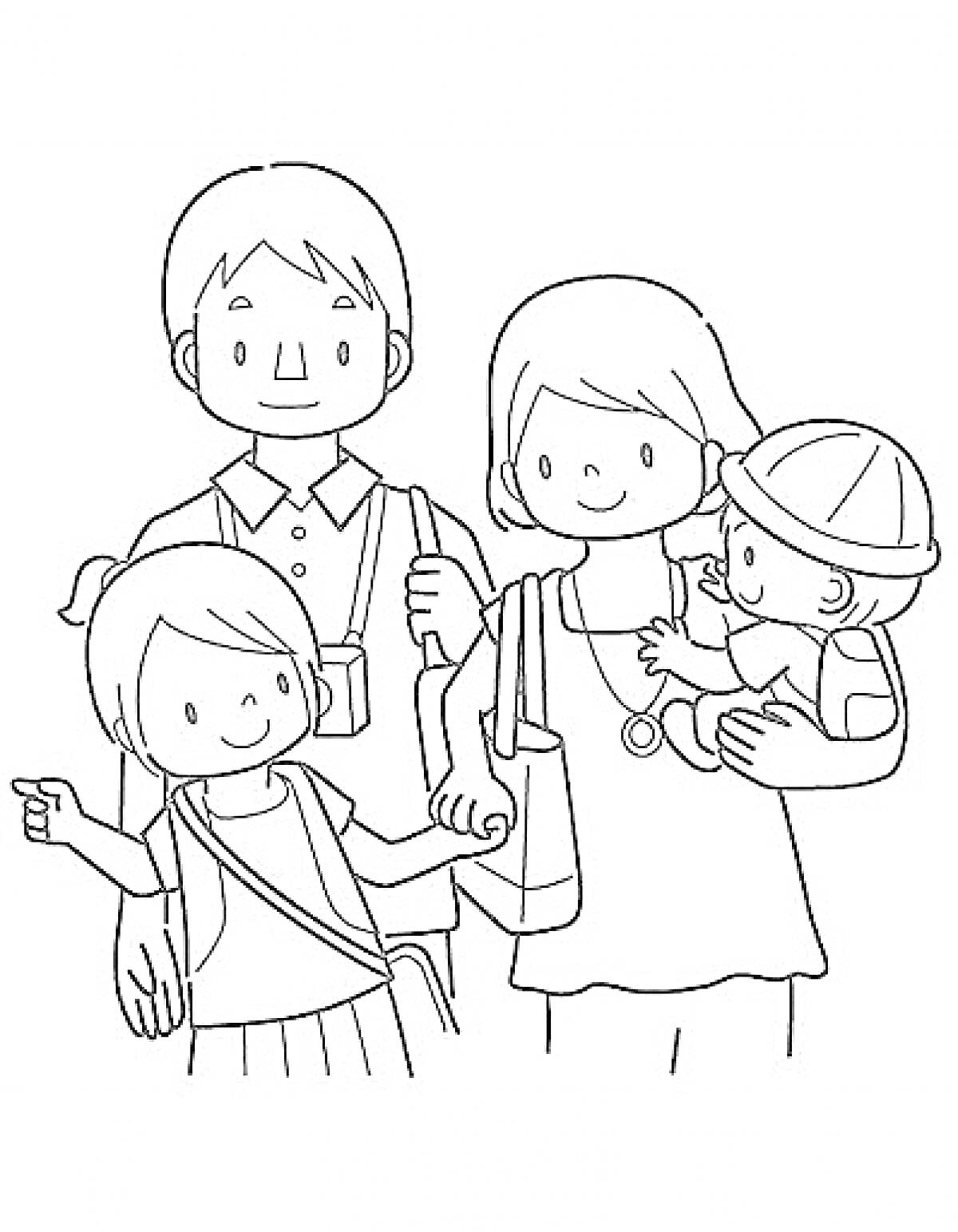 Раскраска Семья с ребенком на руках и прогулкой на улице