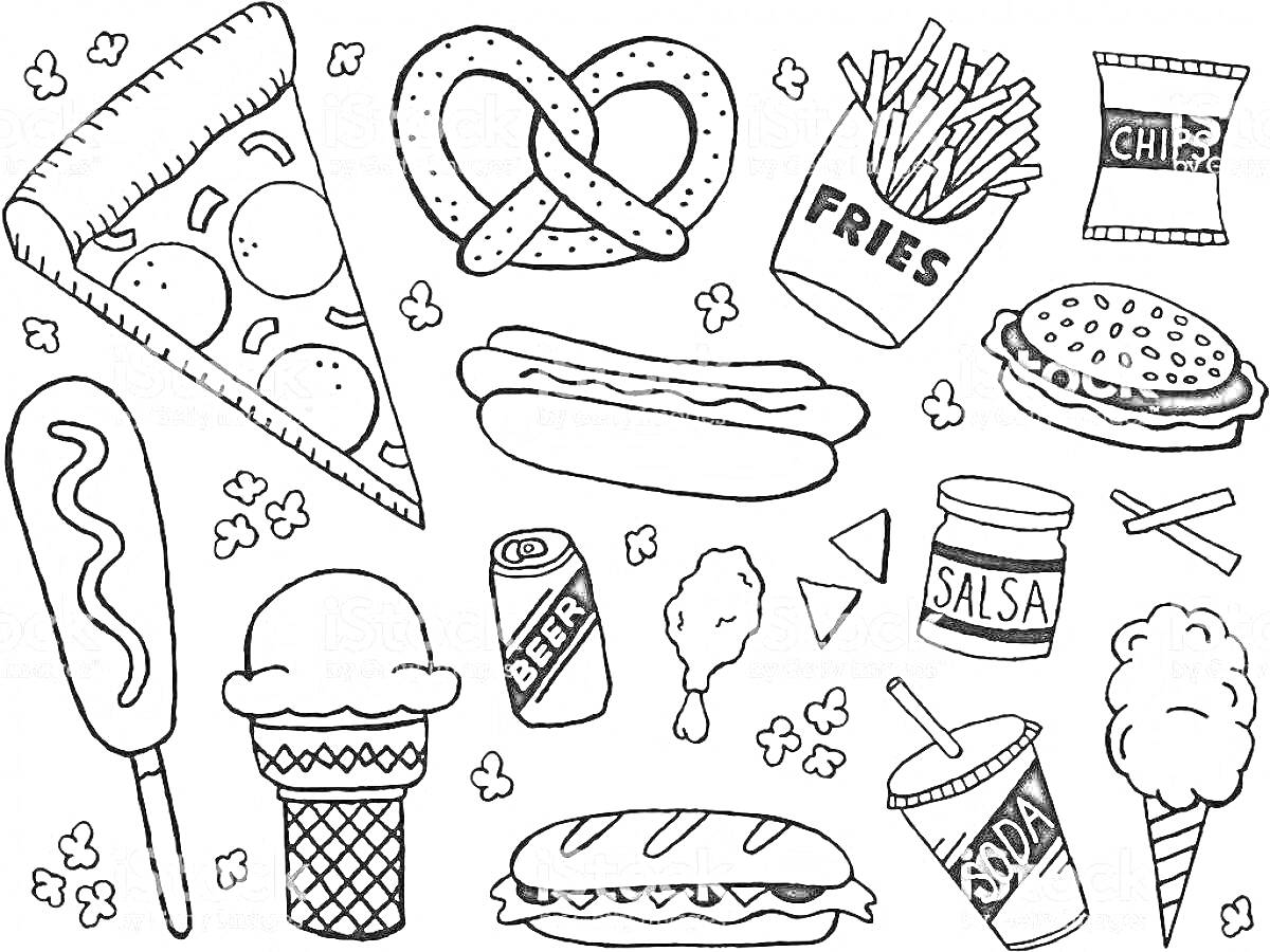 Раскраска Еда для личного дневника - пицца, крендель, картофель фри, чипсы, бургер, хот-дог, корн-дог, мороженое в рожке, сода, куриное крыло, гамбургер, Salsa, попкорн, сахарная вата.