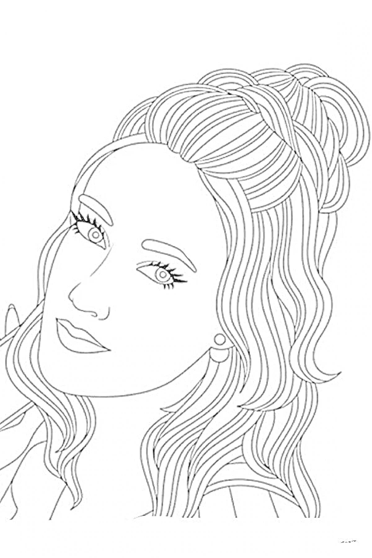 Раскраска Лицо девушки с длинными волнистыми волосами и собранной верхней частью прически