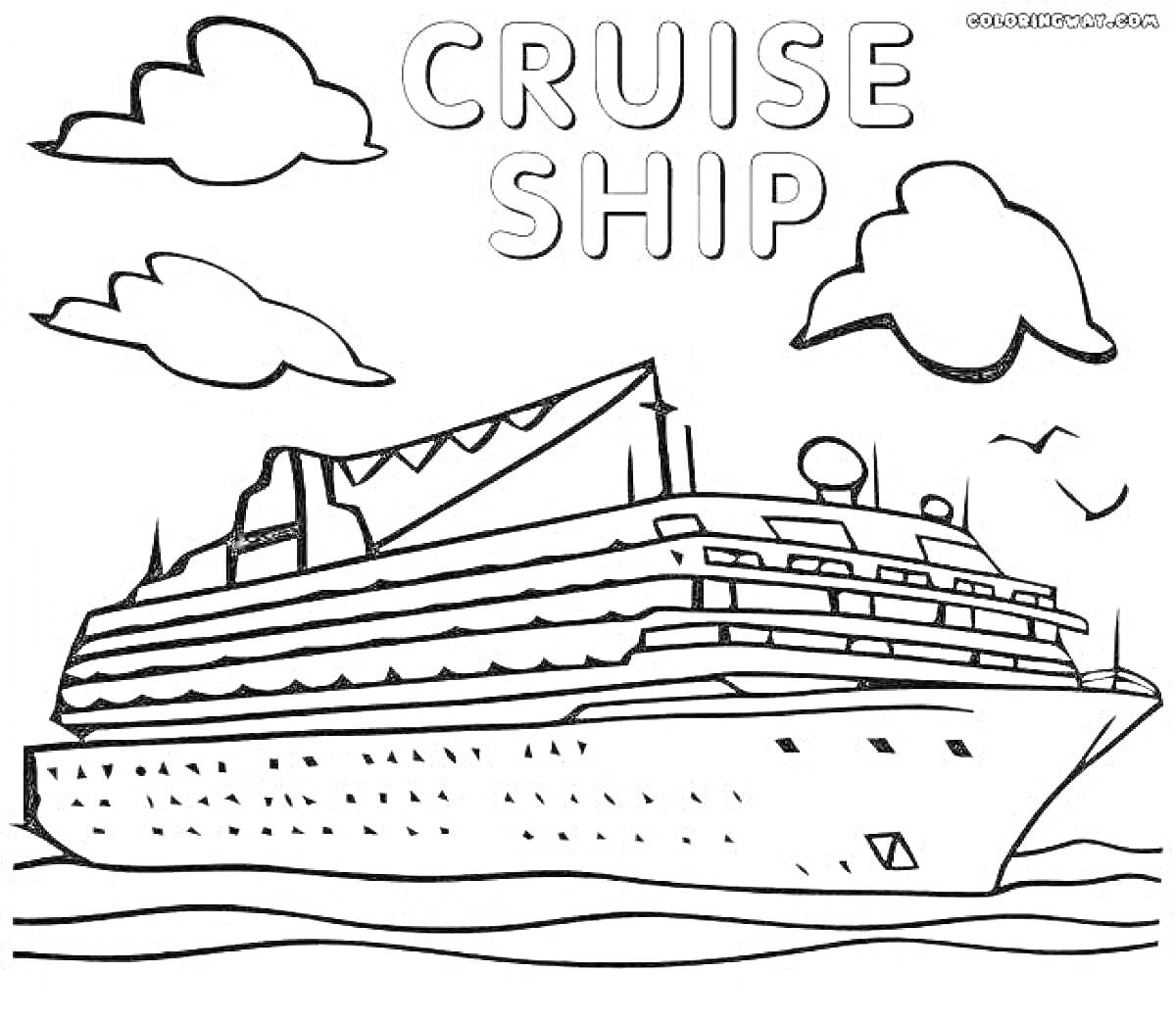 На раскраске изображено: Лайнер, Корабль, Круизный корабль, Море, Облака, Творчество