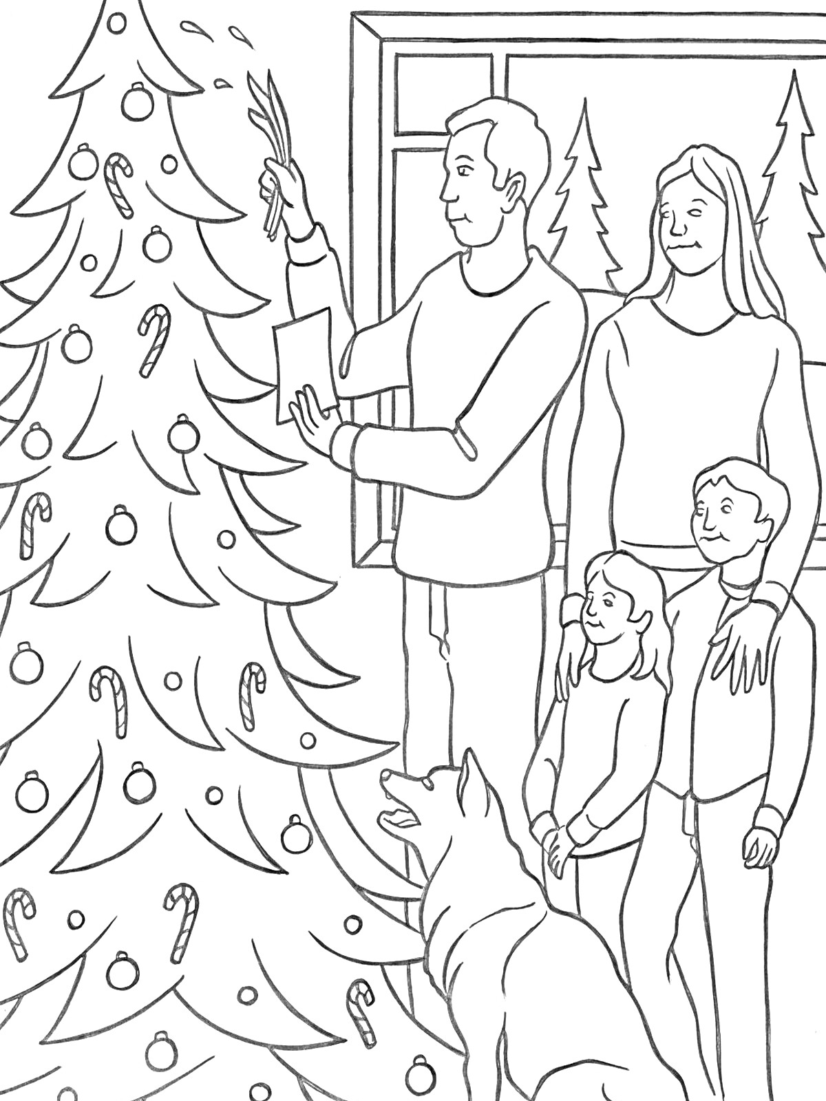 Раскраска Семья, украшающая новогоднюю елку в комнате
