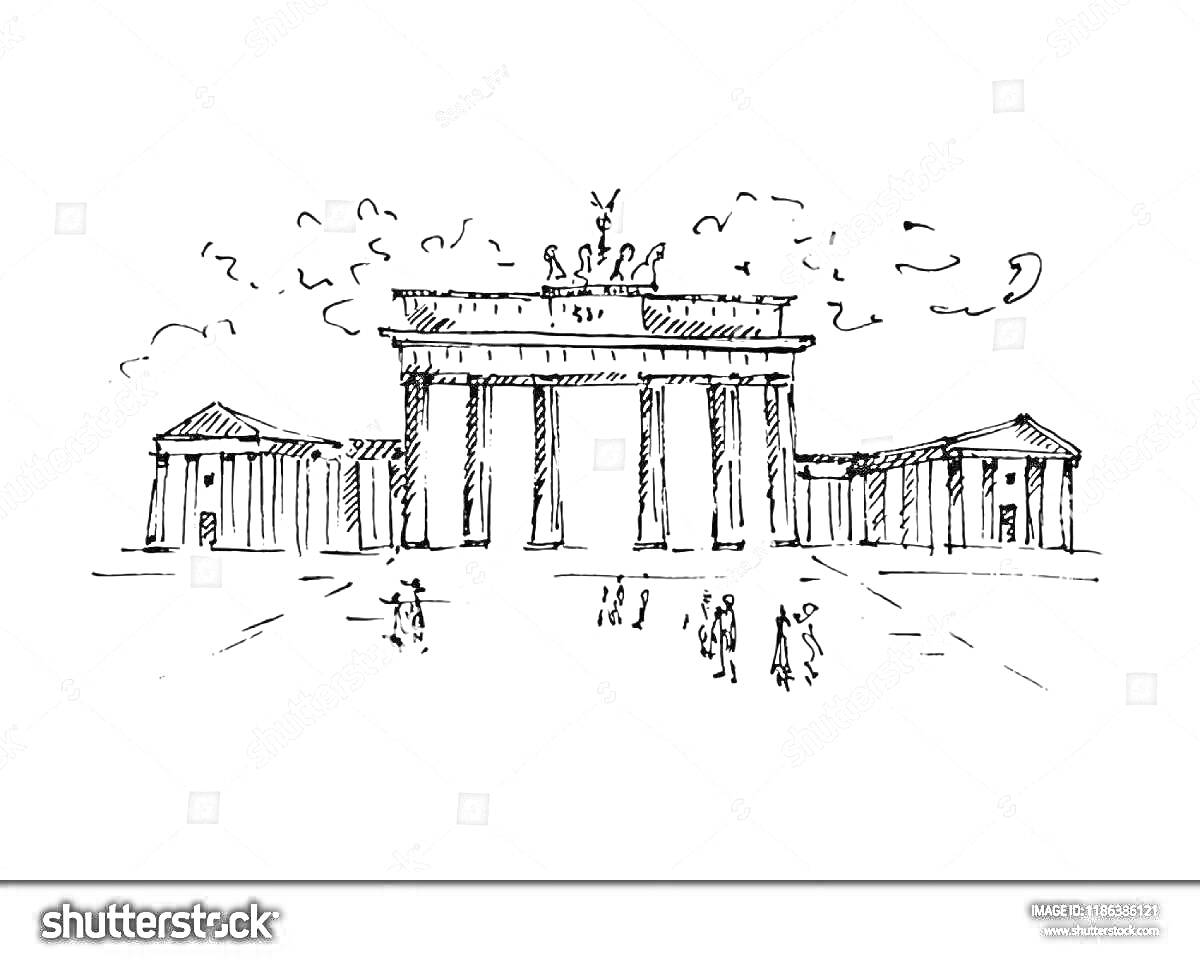 На раскраске изображено: Бранденбургские ворота, Архитектура, Облака, Берлин, Германия, Карандашный эскиз