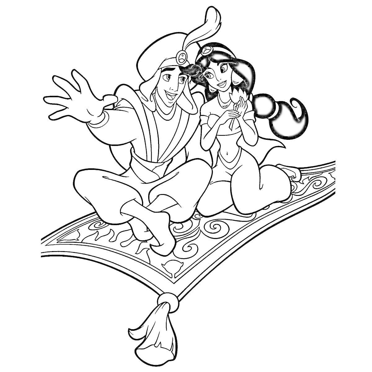 Раскраска Алладин и принцесса Жасмин на волшебном ковре-самолете