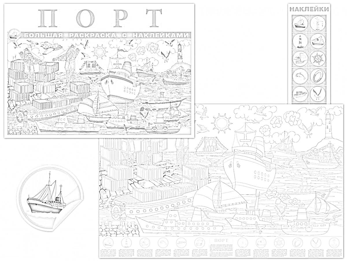 Раскраска Большая раскраска с наклейками «Порт», корабли, контейнеры, краны, море, рыбаки