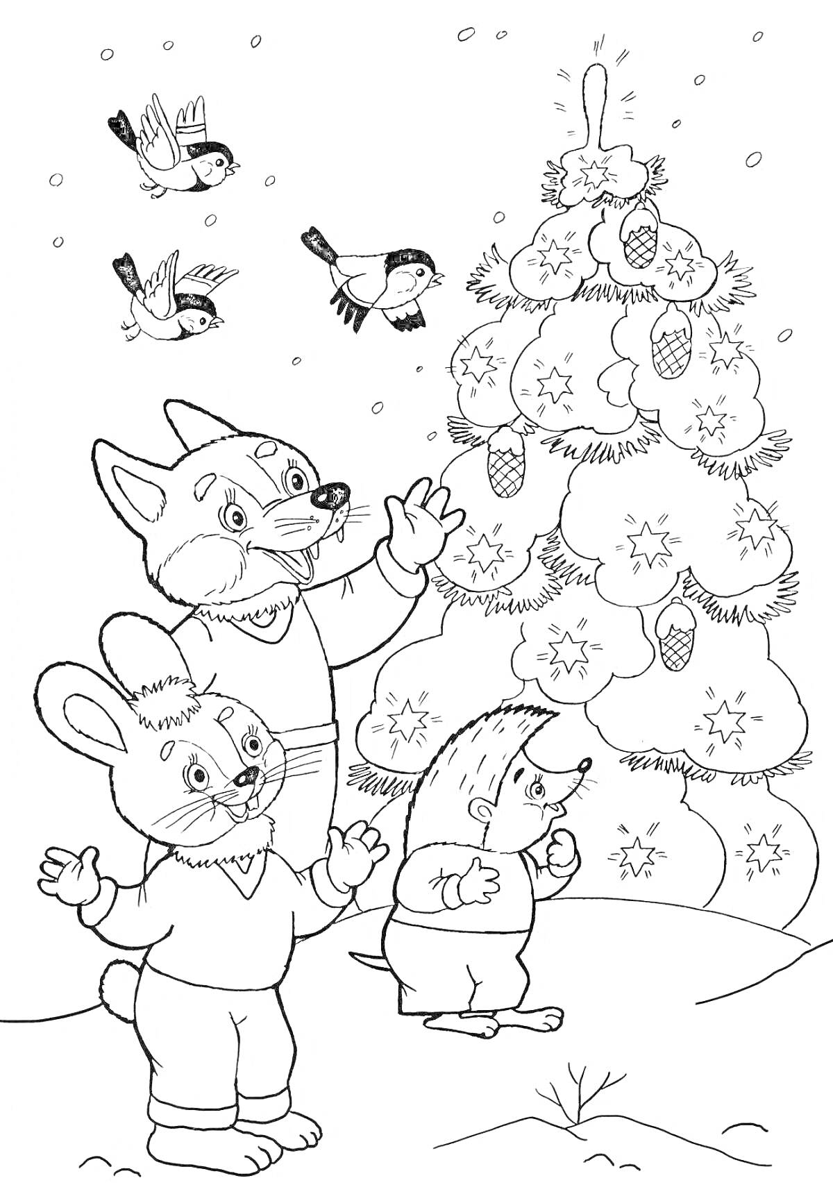 На раскраске изображено: Зимний лес, Новогодняя елка, Заяц, Снег, Новогодние украшения, Мультяшные животные, Для детей