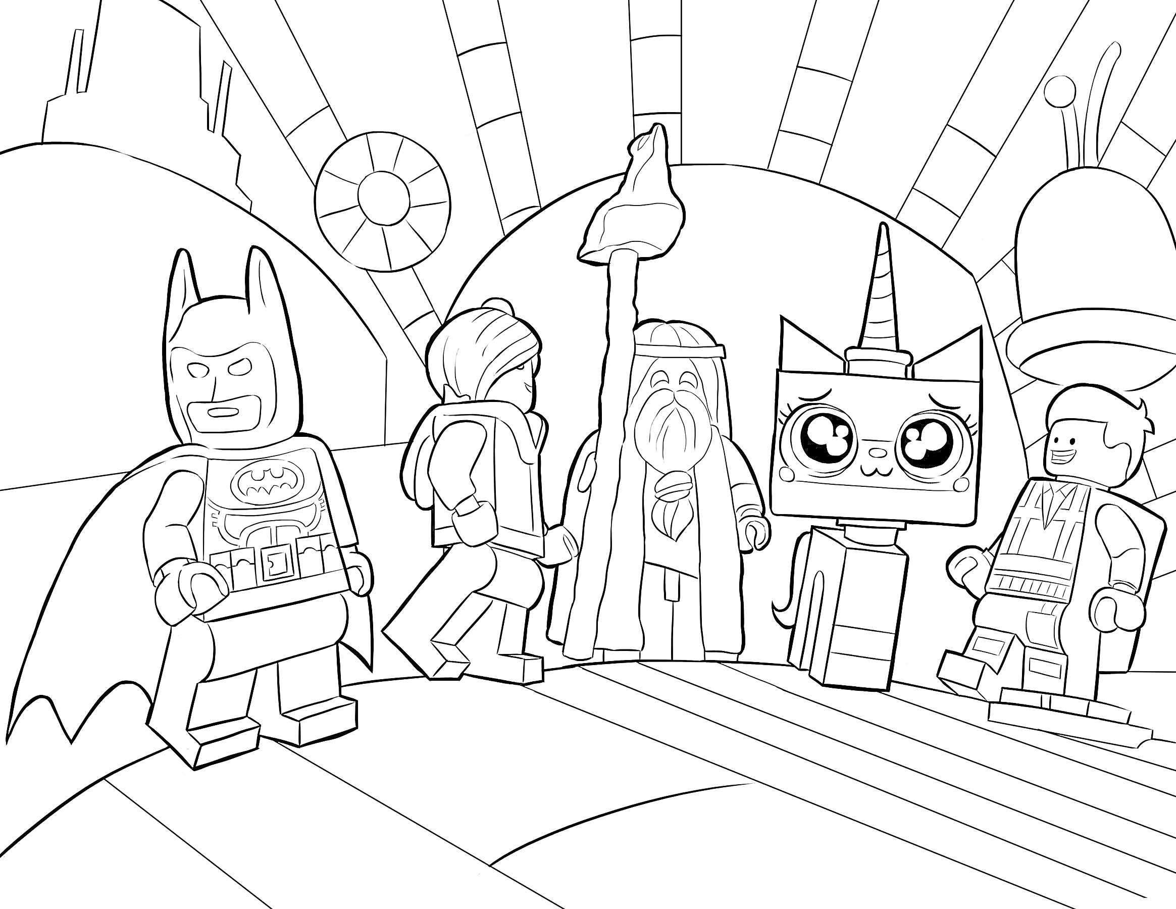 Раскраска Группа Лего персонажей (Бэтмен, Эммет, Витрувий, Единорог)