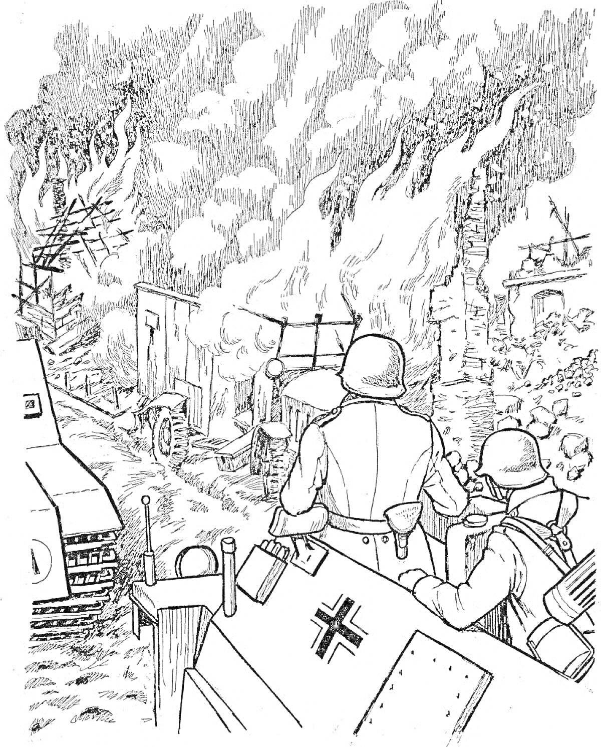 Солдаты и военная техника на фоне горящего здания и разрушенного пейзажа