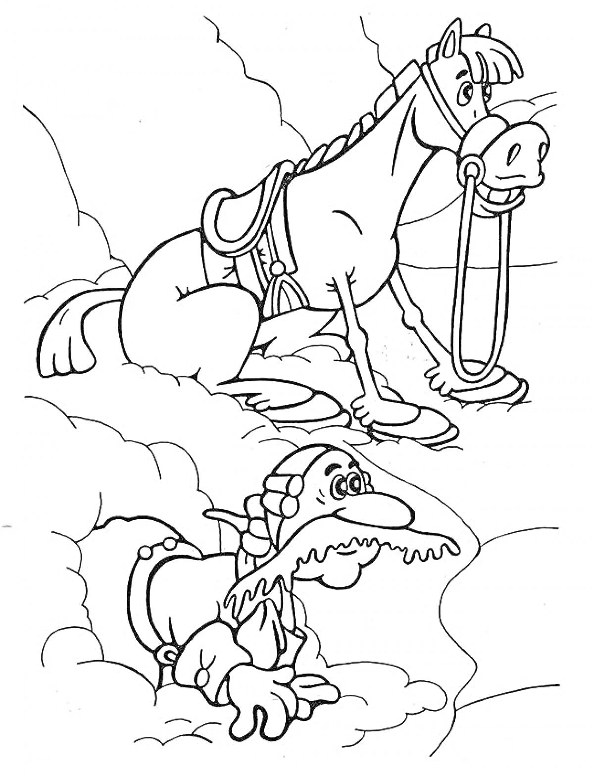 Раскраска Барон Мюнхгаузен вытаскивает себя из болота за волосы вместе с лошадью