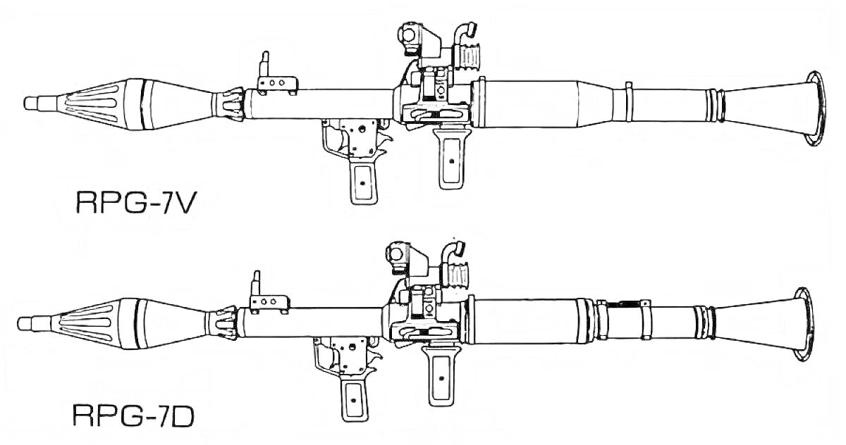 РПГ-7В и РПГ-7Д с прицелами и ручками