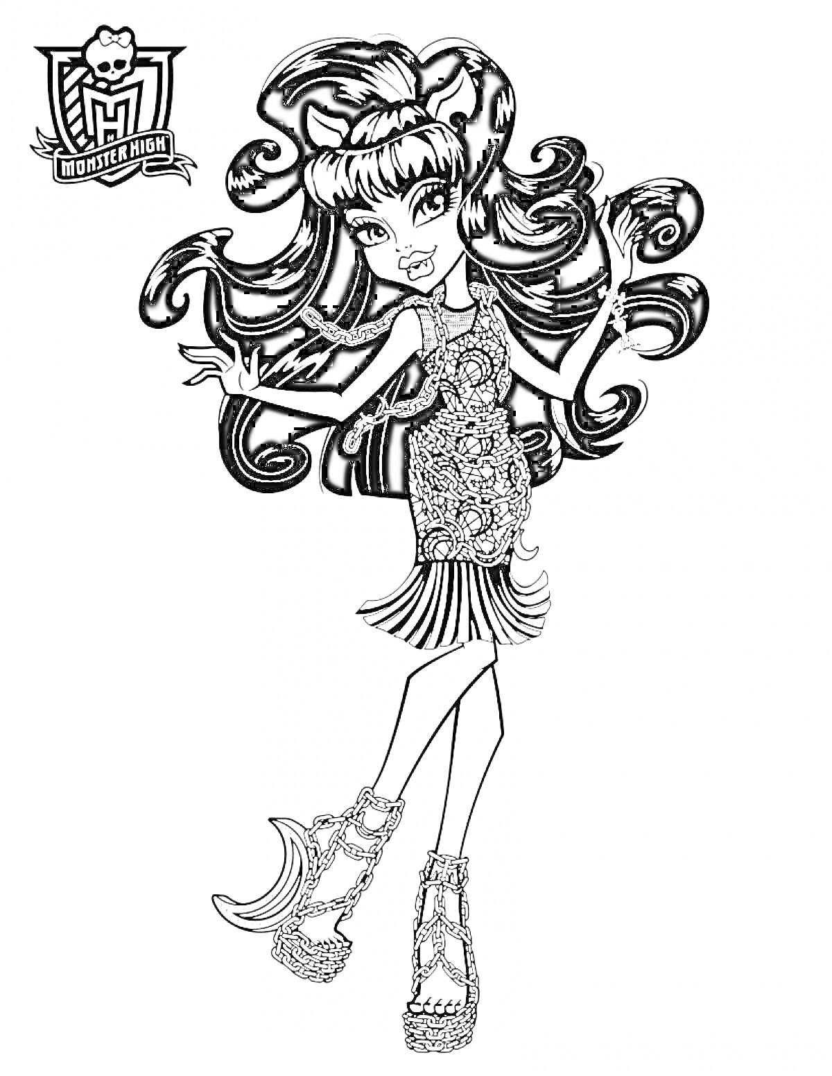 Раскраска Монстер Хай Призрачно, персонаж с длинными волосами, в платье, на каблуках