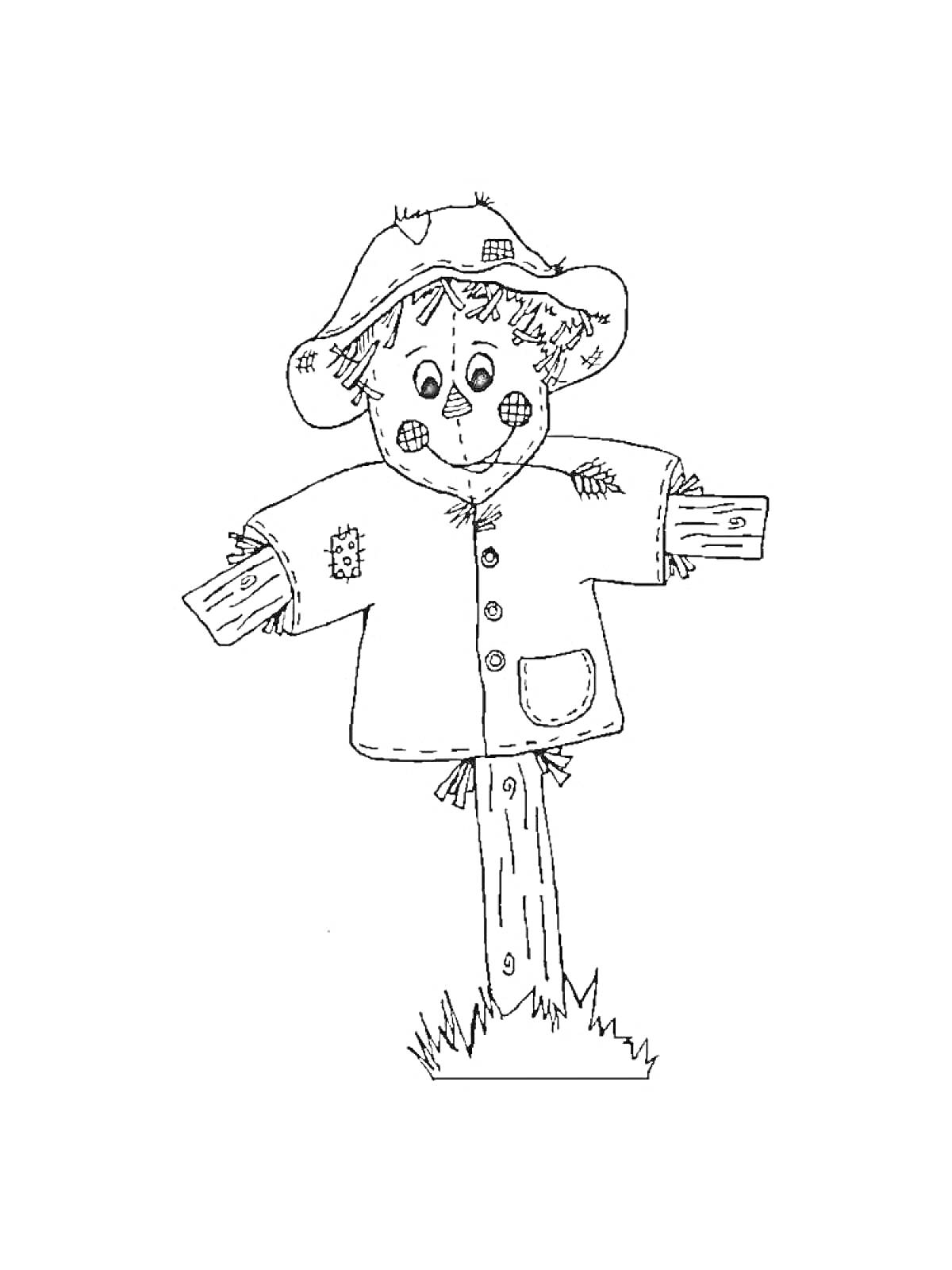 Раскраска Чучело в шляпе с заплатками, курткой на пуговицах, на деревянной стойке
