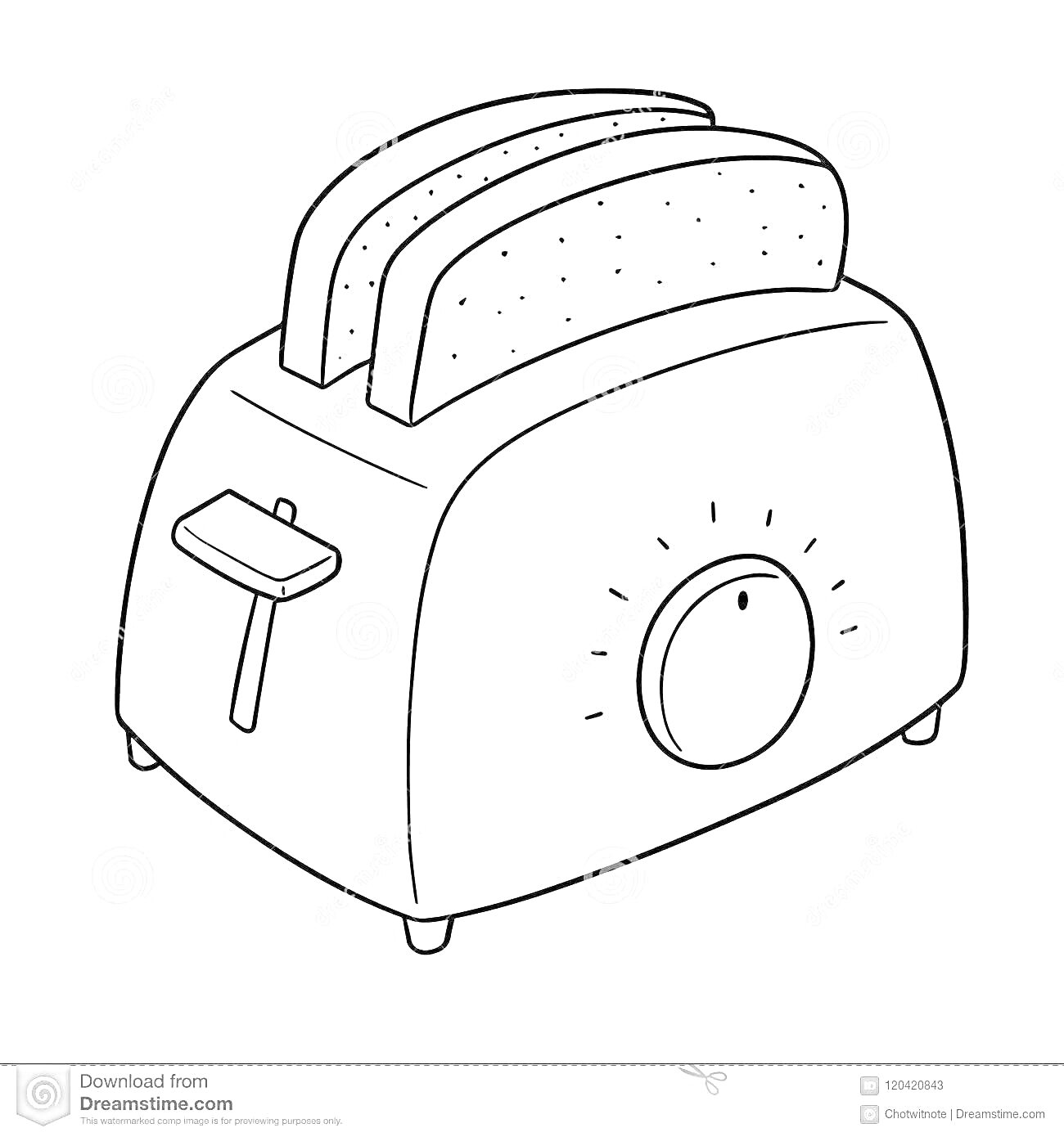 Раскраска Тостер с двумя ломтиками хлеба и поворотным регулятором