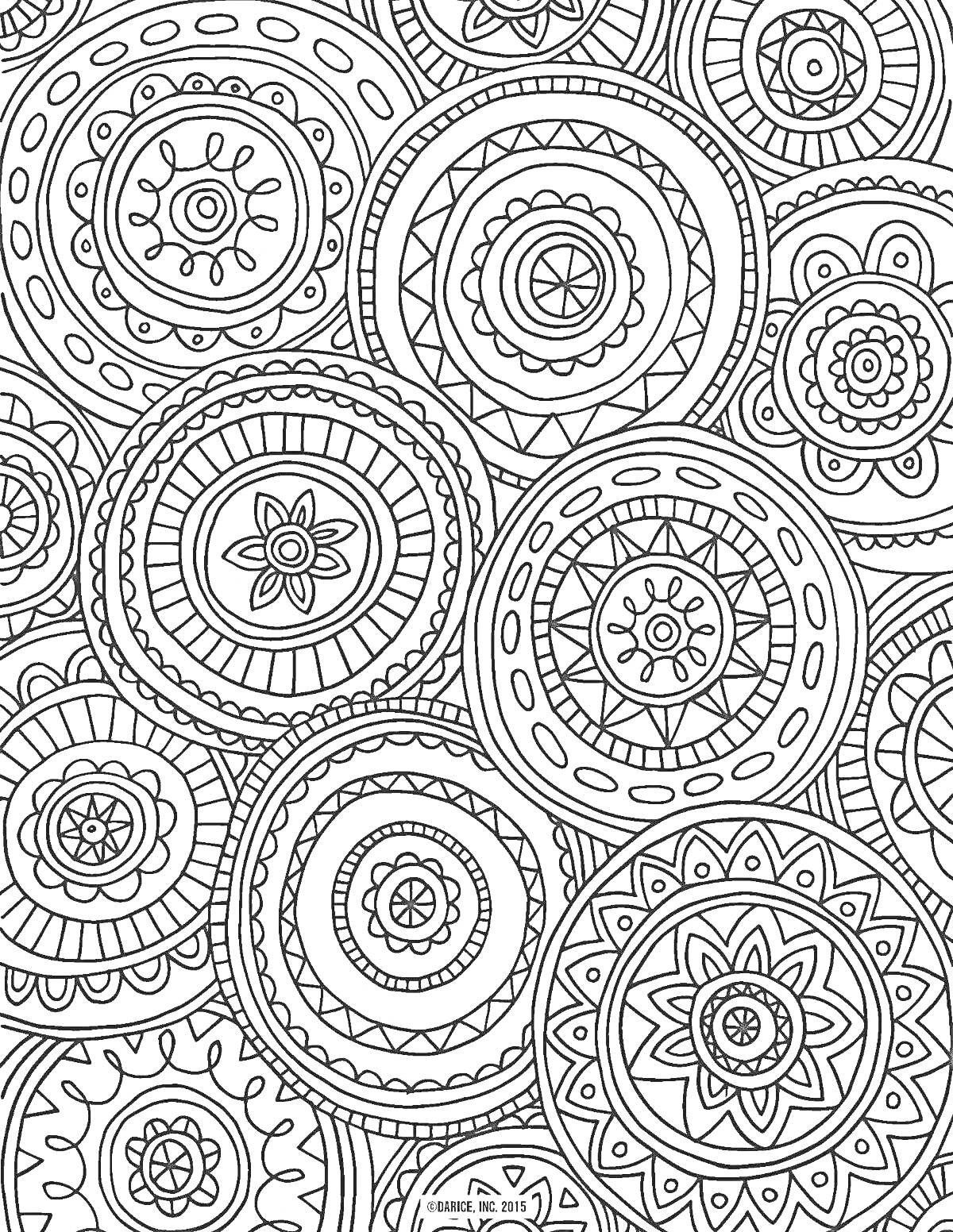 Раскраска Узоры и орнаменты в виде кругов с цветочными и геометрическими элементами