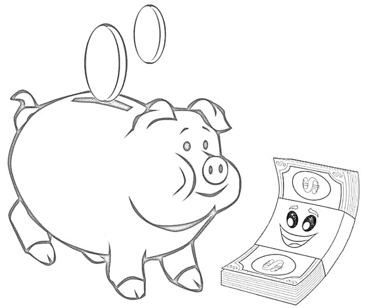 копилка в форме свиньи, монеты, пачка денег с лицом