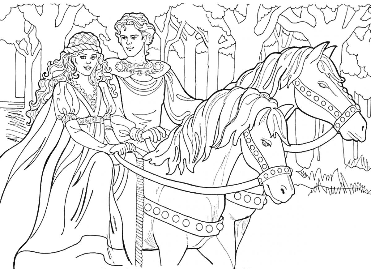 На раскраске изображено: Принц, Принцесса, Лес, Средневековье, Одежда, Природа, Деревья, Лошадь, Путешествия