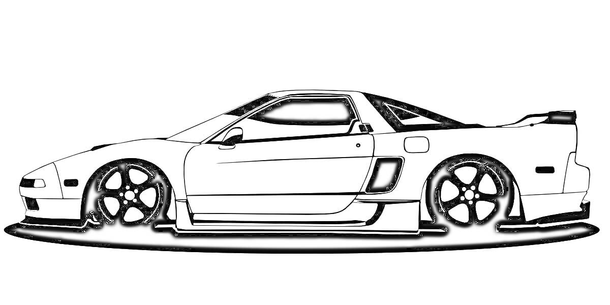 Раскраска Линия контура автомобиля, спортивный автомобиль JDM, вид сбоку, с затемненными колесами и окнами