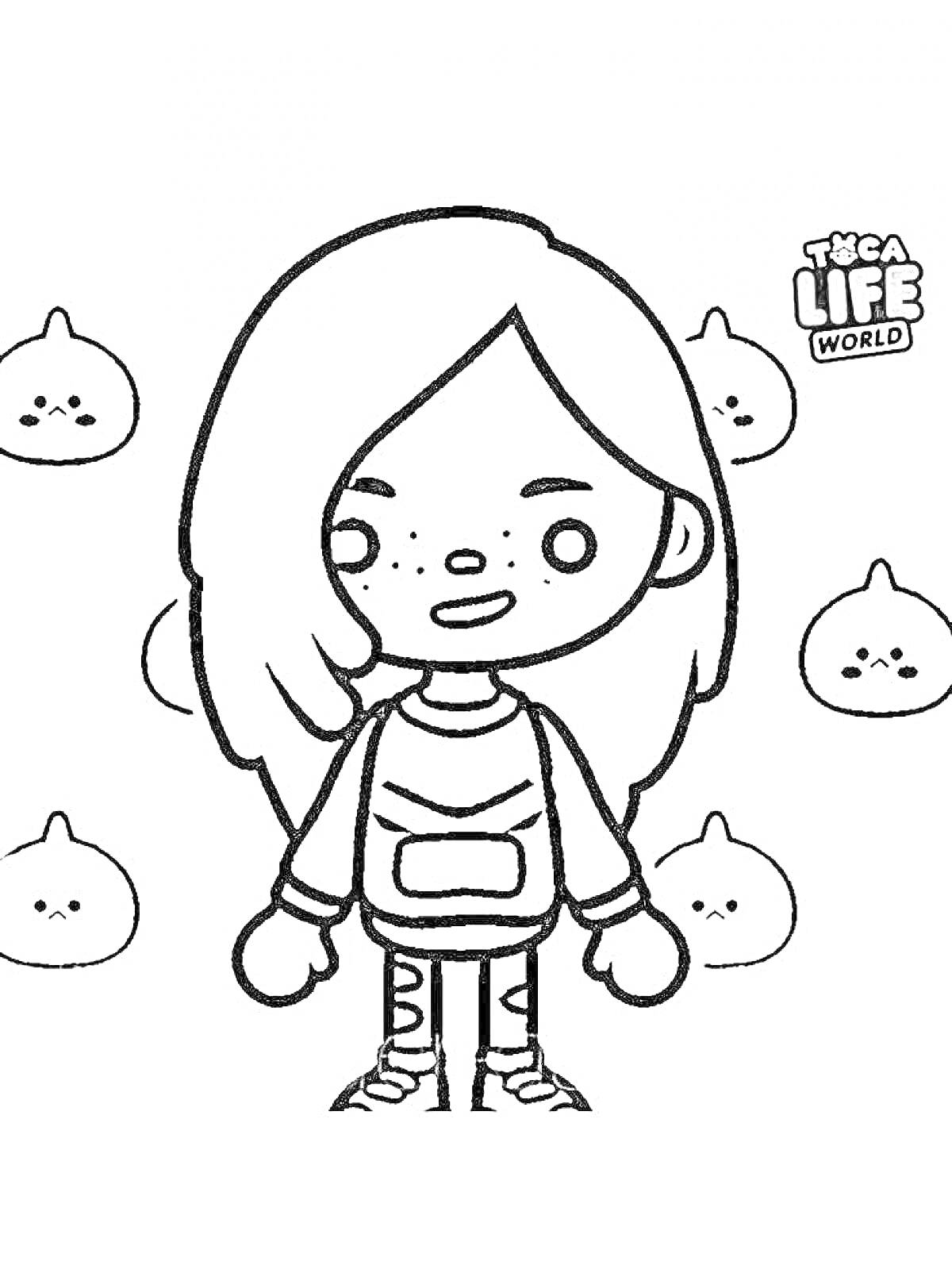 Раскраска Девочка с длинными волосами, веснушками и рюкзаком на фоне маленьких существ