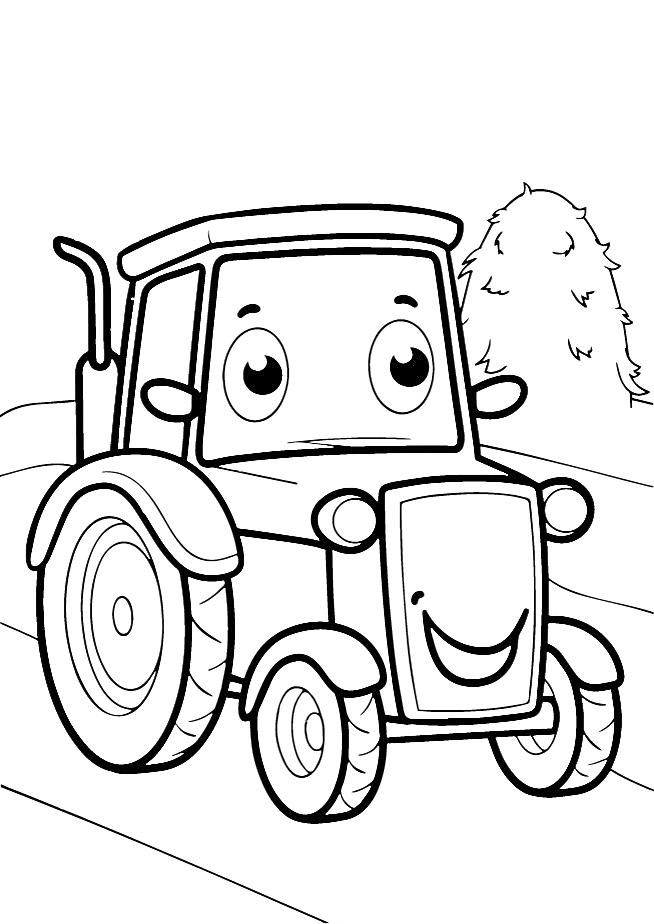 На раскраске изображено: Трактор, Деревья, Сельская местность, Дороги, Улыбка