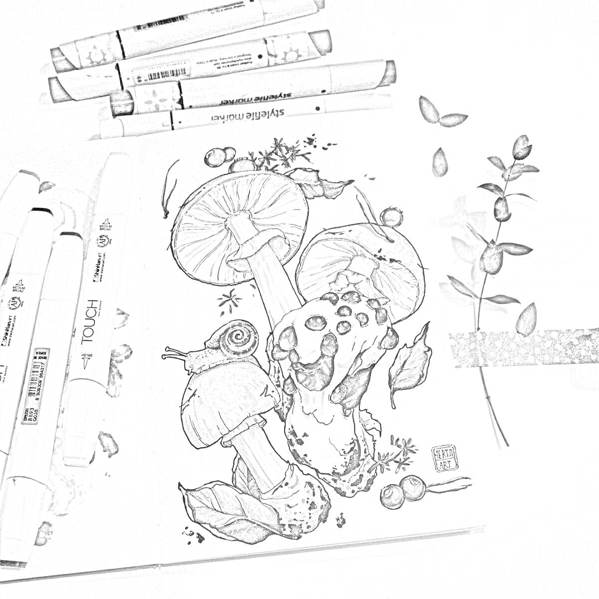Раскраска Альбом для скетчинга с рисунком грибов, улиток и лесных ягод, окружённый маркерами и веточками
