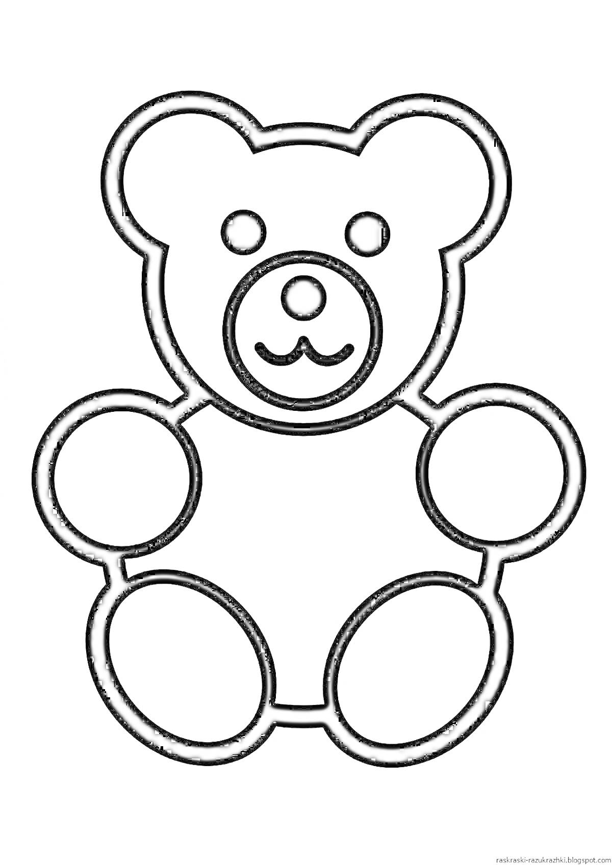 На раскраске изображено: Косолапый, 3 года, 4 года, Сидящий мишка, Большой уши, Лапы, Медведь, Уши