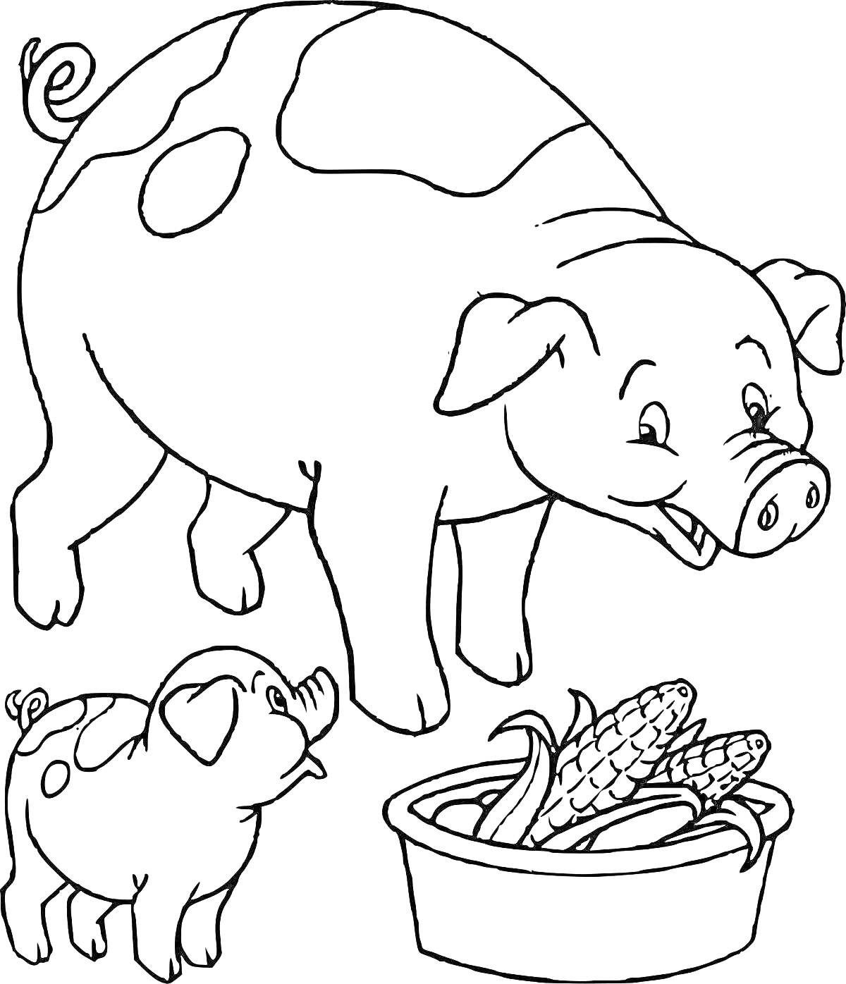 На раскраске изображено: Кормушка, Кукуруза, Домашние животные, Ферма, Для детей, Поросята, Свиньи