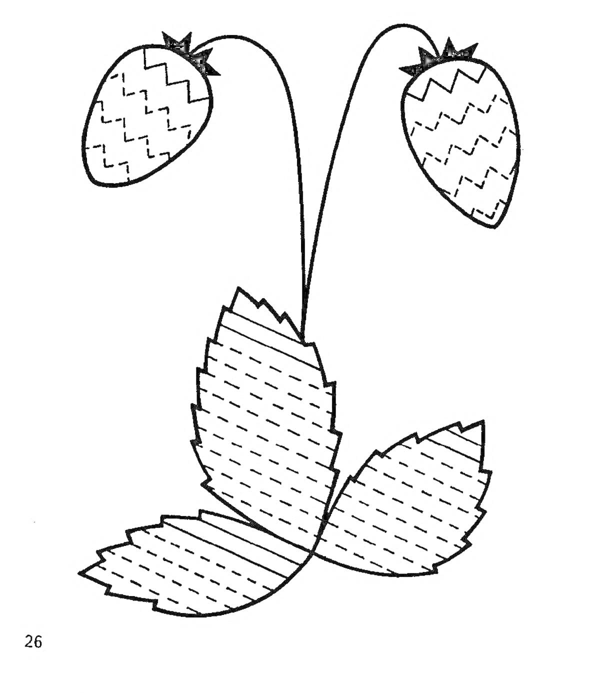 Раскраска Две клубники на стеблях и листья для штриховки