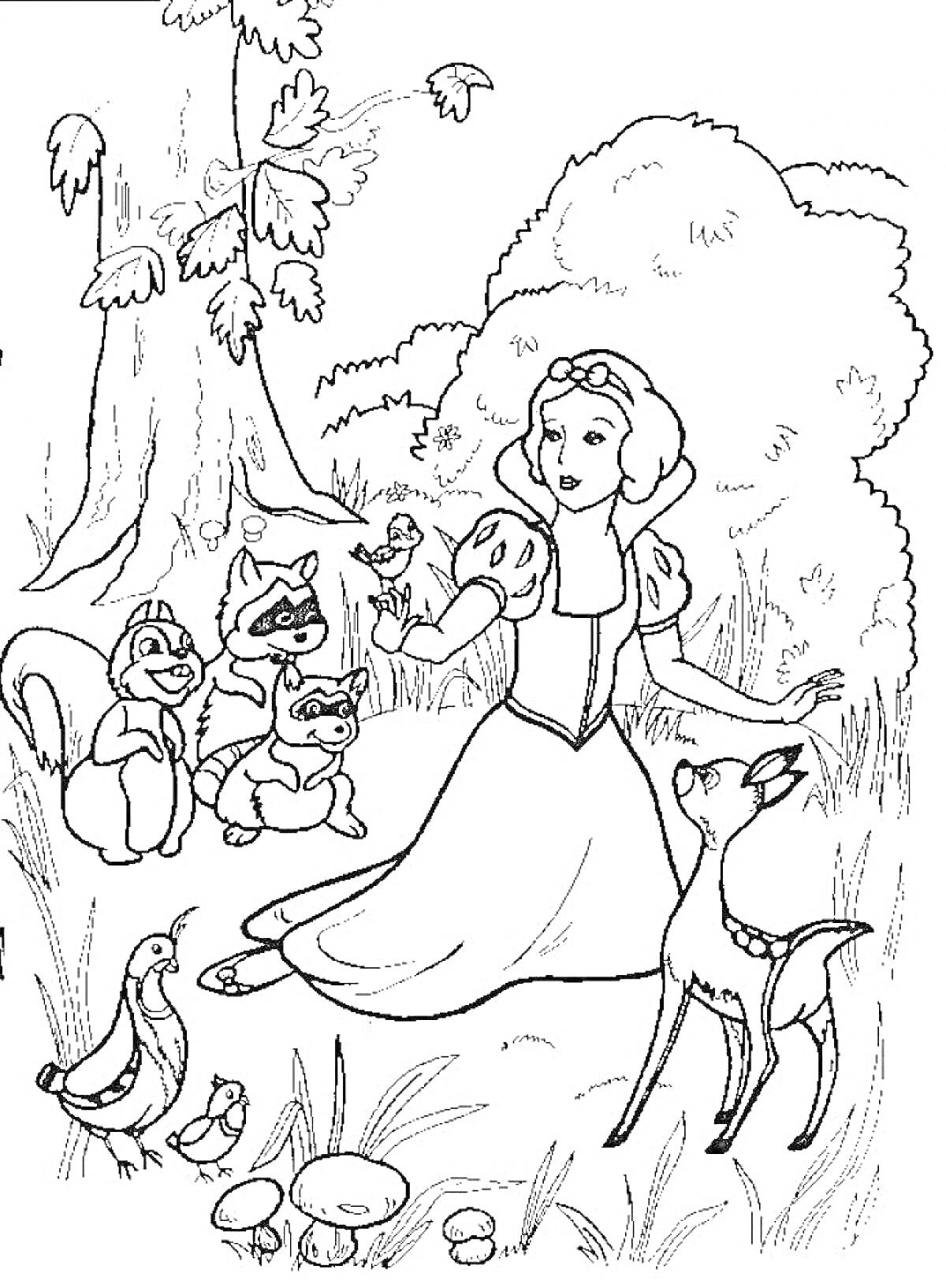 Раскраска Белоснежка с лесными животными у дерева