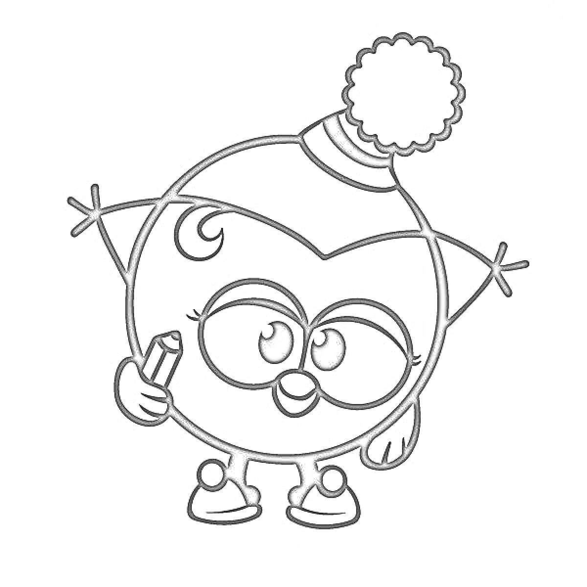 Раскраска Персонаж Малышарики с карандашом в руке, в шапочке с помпоном
