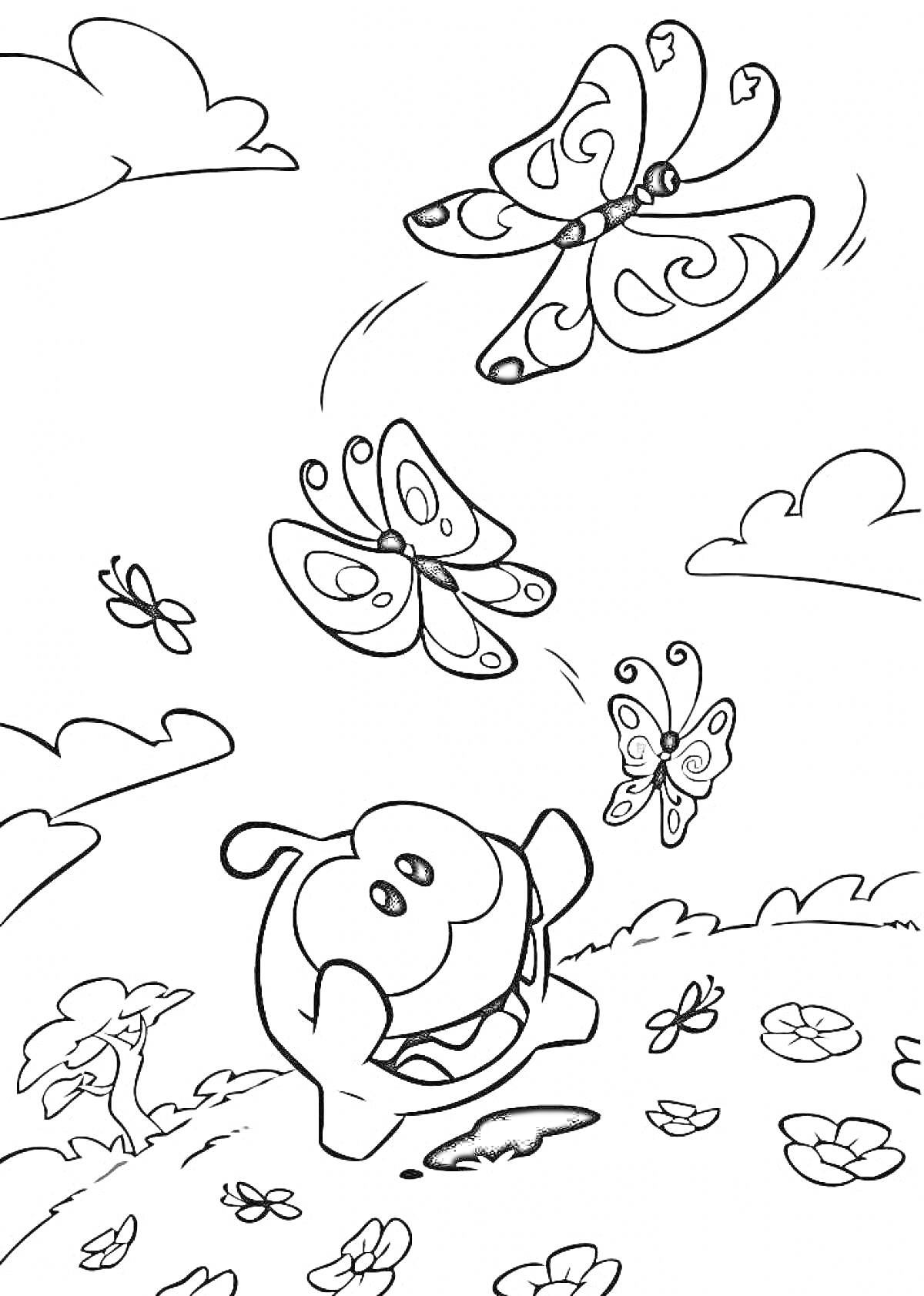 Раскраска Ам Ням на поляне с бабочками и цветами