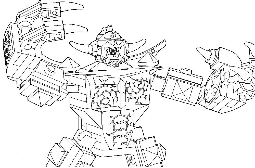 Раскраска Лего Нексо Найтс Боевой робот с поднятыми руками и рогатым шлемом