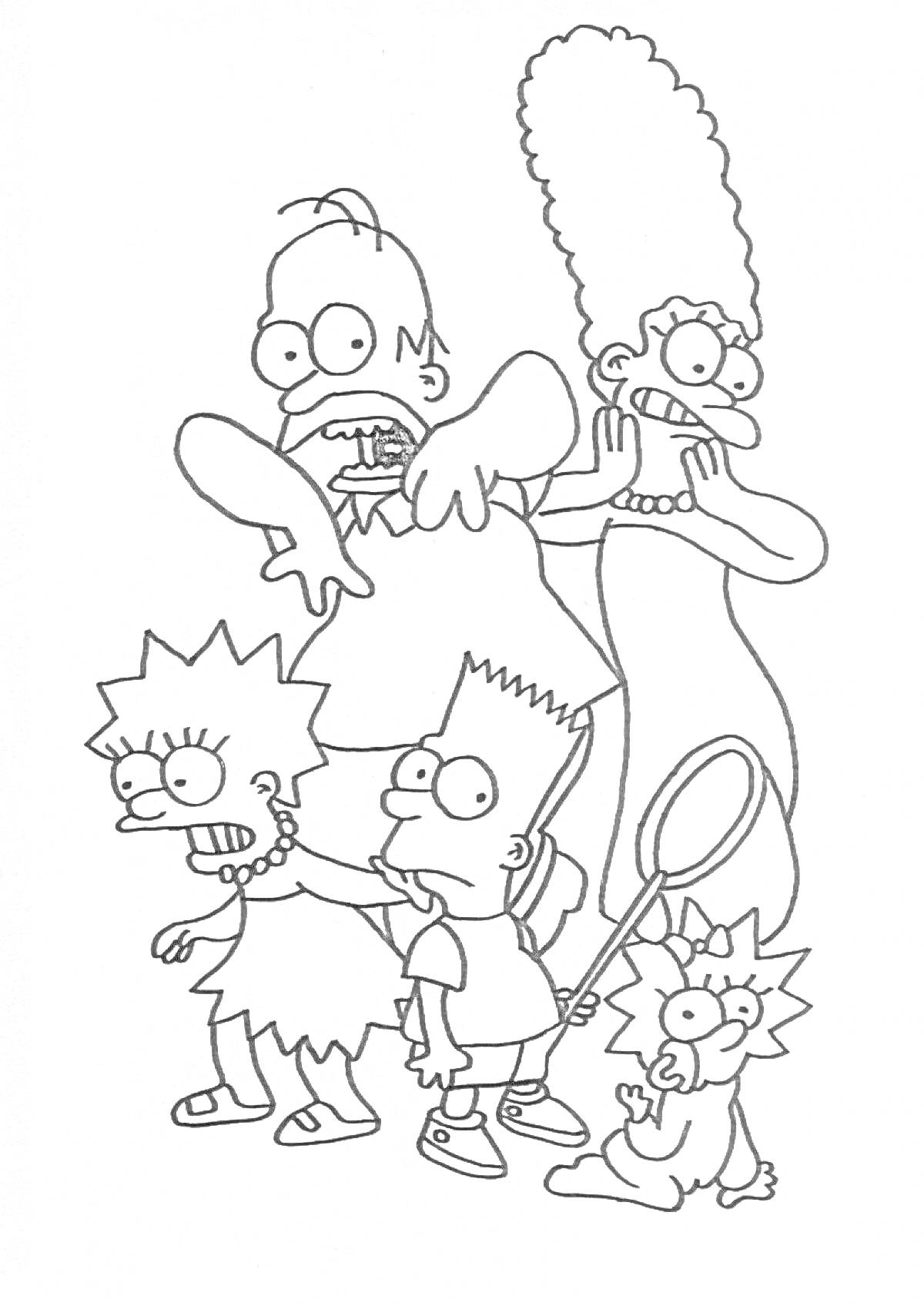 Раскраска Гомер, Мардж, Лиза, Барт и Мэгги Симпсоны