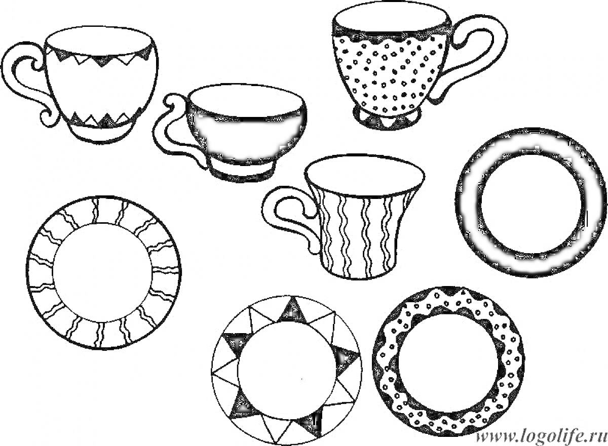 На раскраске изображено: Чашки, Дизайн, Узоры, Посуда, Для детей, Тарелка